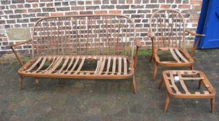 Spindle back Ercol sofa, chair and footstool all without upholstery
