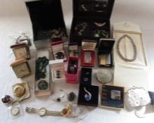 Selection of costume jewellery inc mourning pendant, travel clocks, cigarette lighters etc