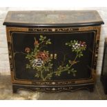 Small Oriental bow fronted lacquer cabinet with gilded decoration Ht 73cm L 81cm D 33cm