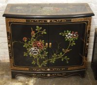 Small Oriental bow fronted lacquer cabinet with gilded decoration Ht 73cm L 81cm D 33cm