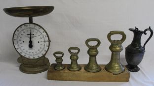 Salter silver & copper checker scales, set of 4 brass bell weights (1Ib, 2Ib, 4Ib, 7Ib) & pewter hot