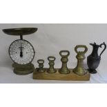 Salter silver & copper checker scales, set of 4 brass bell weights (1Ib, 2Ib, 4Ib, 7Ib) & pewter hot