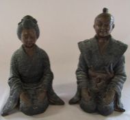 Pair of 20th century Japanese kneeling bronze figures of a Geisha and a Samurai H 29 cm