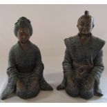 Pair of 20th century Japanese kneeling bronze figures of a Geisha and a Samurai H 29 cm