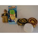 1930-50's bisque head sailor doll, BBC Edd The Duck toy in original box & 3 embroidered caps