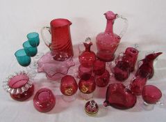 Assorted cranberry glass etc inc jugs, glasses and decanter & 2 Royal Worcester egg coddlers