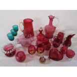 Assorted cranberry glass etc inc jugs, glasses and decanter & 2 Royal Worcester egg coddlers