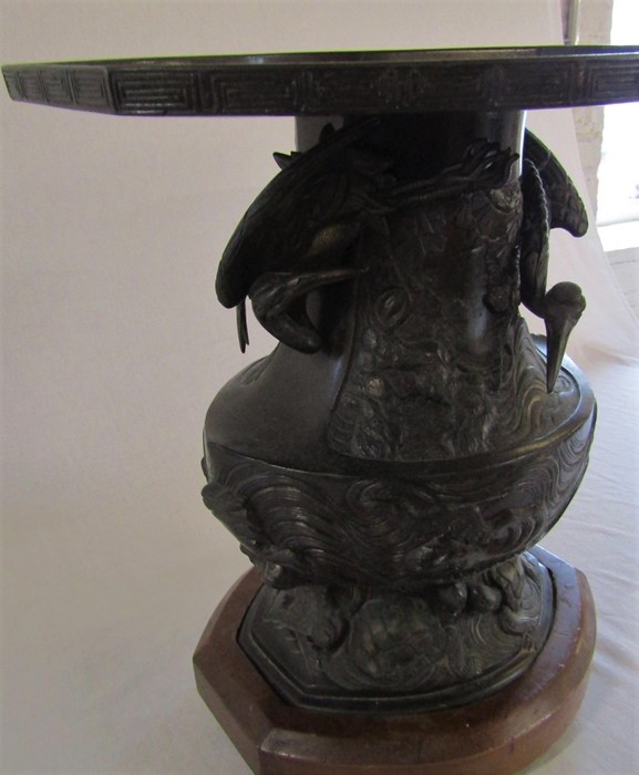 Japanese bronze two piece Usabata flower vase with wooden stand H 38.5 cm L 35 cm - Image 3 of 13