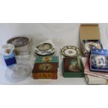 Selection of commemorative ware including tins, Royal Worcester 50th Anniversary Queen Elizabeth
