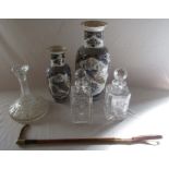 2 Oriental style vases by Panda (one with chip to rim), 3 glass decanters and a riding crop