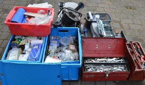 Various builders tools etc including pipe bender, tile cutter etc (**extension lead no longer in