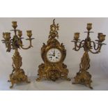 French ormolu gilt mantel clock / garniture by AD Mougin with two 5 branch candelabra, clock