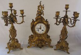 French ormolu gilt mantel clock / garniture by AD Mougin with two 5 branch candelabra, clock