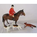 Beswick huntsman with 2 hounds (1 hound tail af) and a fox