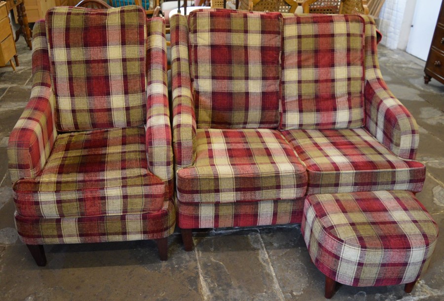 Modern 2 seater sofa, arm chair & footstool in tartan fabric
