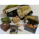 Gold thread embroidered panel, tins of buttons, trinket boxes, diamond jubilee medal, pyjama case,