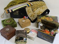 Gold thread embroidered panel, tins of buttons, trinket boxes, diamond jubilee medal, pyjama case,