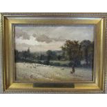 Ferdinand E Grone (1845-1920) gilt framed oil on board of a landscape signed F E Grone with brass