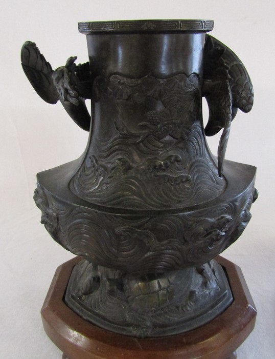 Japanese bronze two piece Usabata flower vase with wooden stand H 38.5 cm L 35 cm - Image 8 of 13