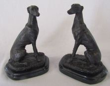 Pair of bronze greyhounds on marble bases both signed Barrie H 19.5 cm