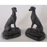 Pair of bronze greyhounds on marble bases both signed Barrie H 19.5 cm