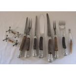 Carving set with horn handles and silver plated collars etc