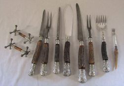 Carving set with horn handles and silver plated collars etc