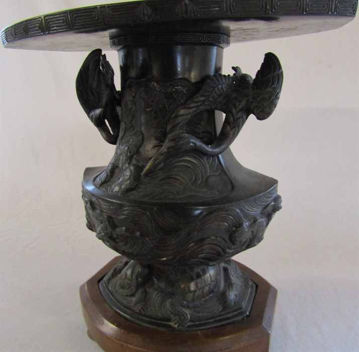 Japanese bronze two piece Usabata flower vase with wooden stand H 38.5 cm L 35 cm - Image 2 of 13