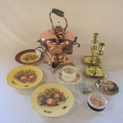 Copper kettle, brass candlesticks, Aynsley plates, tureen etc