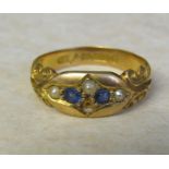 Victorian 15ct gold sapphire and seed pearl ring (missing one seed pearl) size L/M weight 3.7 g