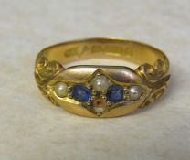 Victorian 15ct gold sapphire and seed pearl ring (missing one seed pearl) size L/M weight 3.7 g