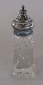 Silver topped cut glass sugar shaker H 17 cm London 1928 (weight of silver 0.60 ozt)