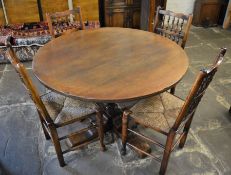 Titchmarsh & Goodwin circular pedestal dining table (dia 113cm) & 4 rush seated spindle back chairs