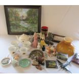 Various ceramics, glassware, pictures, lamp shade, Ringtons tea service etc