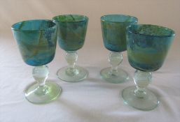 Set of 4 Mdina coloured glass wine goblets etched to base and dated 1975 H 16.5 cm