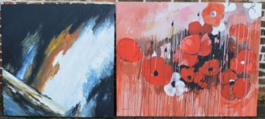 2 large unframed oil paintings on canvas of poppies and an abstract landscape (largest 127 cm x
