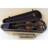 Full sized violin with 2 bows (violin and case af) green label 'from J H Hebblewhites musical