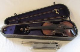 Full sized violin with 2 bows (violin and case af) green label 'from J H Hebblewhites musical