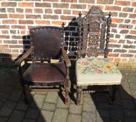 19th century heavily carved hall chair with upholstered seat & an armchair