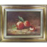 Gilt framed oil on canvas still life of peaches, unsigned 48 cm x 38 cm (size including frame)