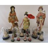 3 Japanese Geisha dolls and various domed covered figures