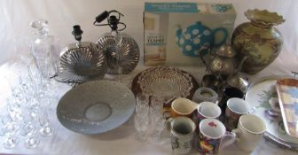 2 boxes of assorted ceramics, silver plate, glass ware, spotty teapot clock, trays etc