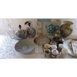 2 boxes of assorted ceramics, silver plate, glass ware, spotty teapot clock, trays etc