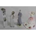 Royal Doulton Claire HN3209, Lladro figure of a standing girl, Nao figure of a girl with basket &
