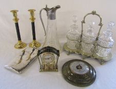 Various items inc barometer, Schatz 8 day clock, candlesticks, silver plated decanter set (decanters