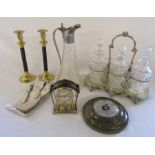 Various items inc barometer, Schatz 8 day clock, candlesticks, silver plated decanter set (decanters