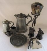 Large pewter tankard H 30 cm, tankards, plate and pair of figural spelter candle reflectors (one