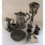 Large pewter tankard H 30 cm, tankards, plate and pair of figural spelter candle reflectors (one