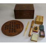Victorian Tunbridge Ware jewellery box, Mauchlineware notebook & ruler depicting Boston church,