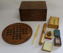 Victorian Tunbridge Ware jewellery box, Mauchlineware notebook & ruler depicting Boston church,